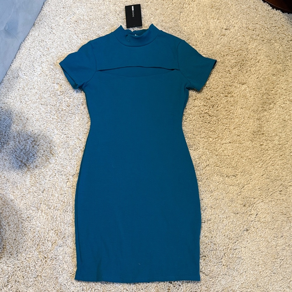 New mini dress turquoise chest cut out short sleeve turtle neck ribbed small